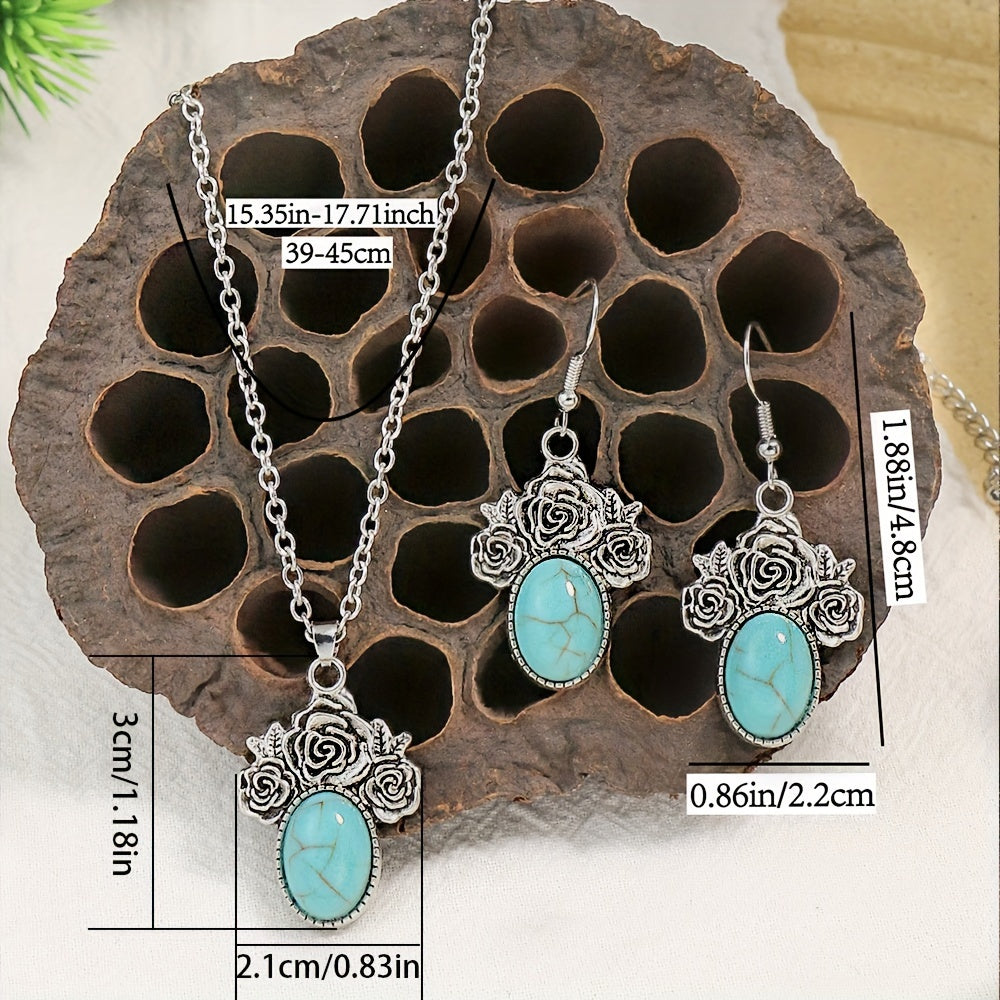 1 Pair Earrings/1 Pair Earrings+1pc Necklace, Retro Ethnic Style Women's Jewelry Set Round Antique Silvery Pendant Geometric Totem Inlaid With Simulated Green Rhinestones Embellished Earrings And Necklace Set