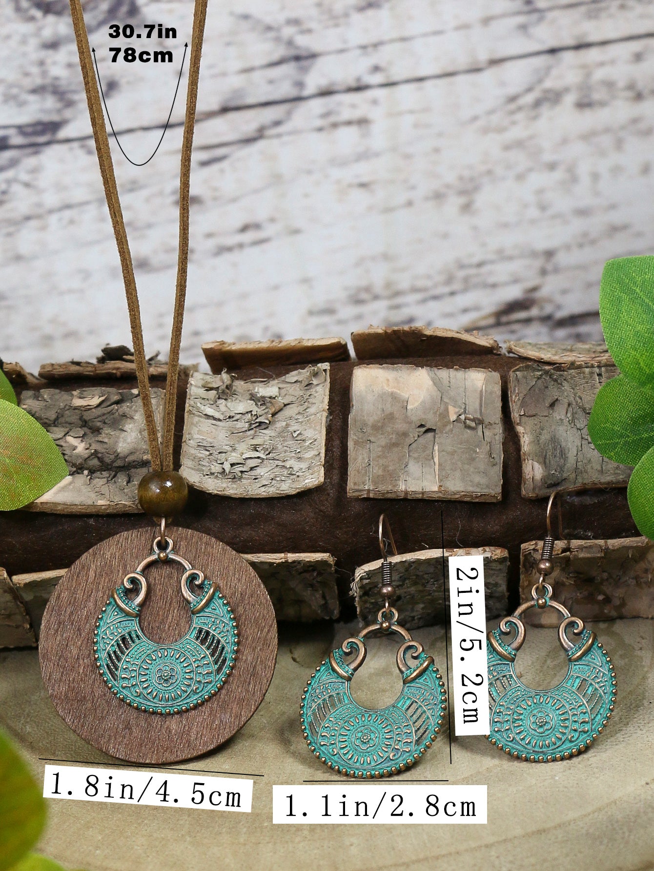 3pack Ancient Folk Wooden Round Plus Geometric Ancient Copper Layered Charm Earrings Necklace Set