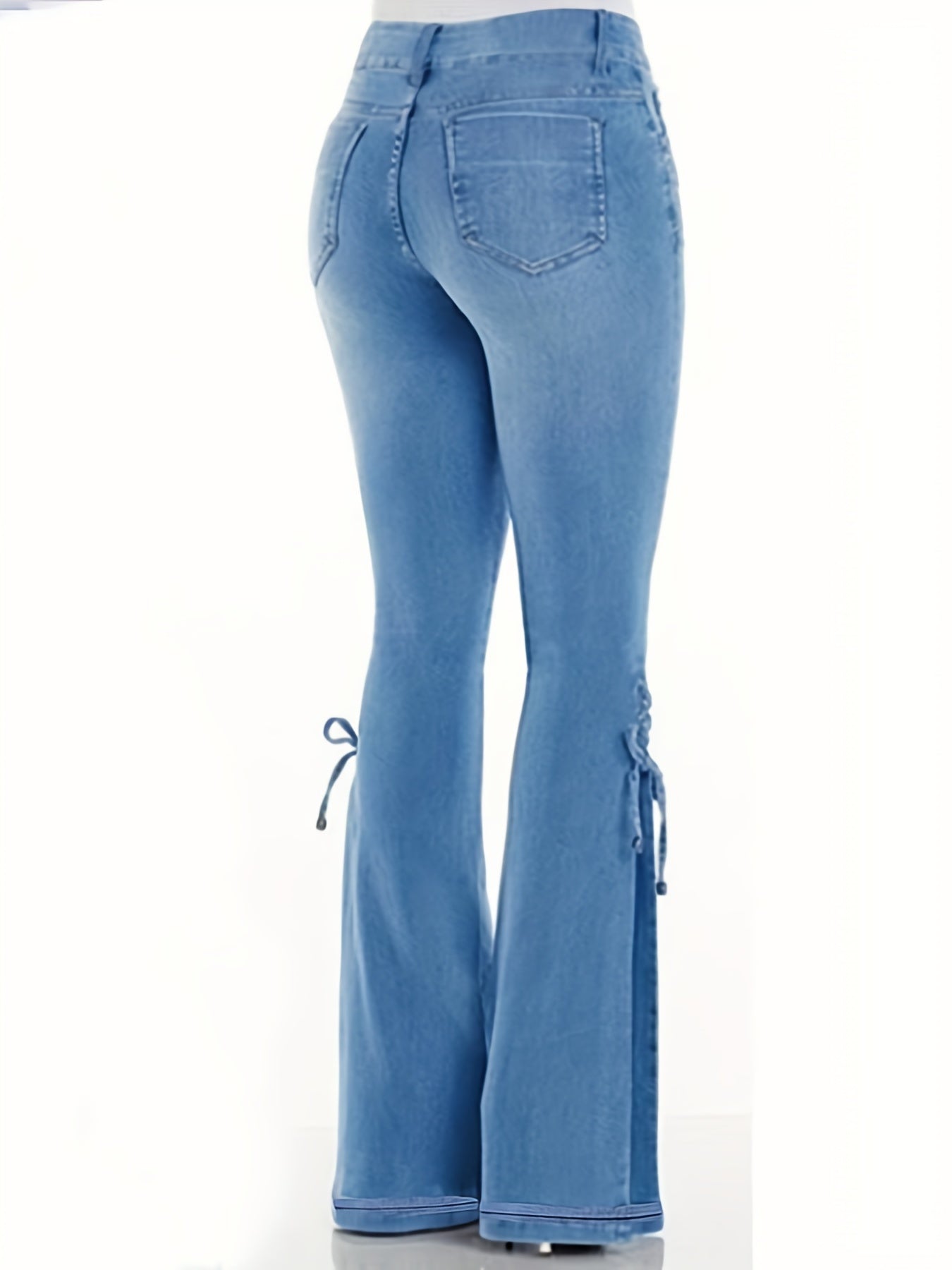 Lace Up Side Bell-Bottom Jeans, Stretchy Mid-Rise Boot Cut Flared Leg Jeans, Women's Denim Jeans, Women's Clothing