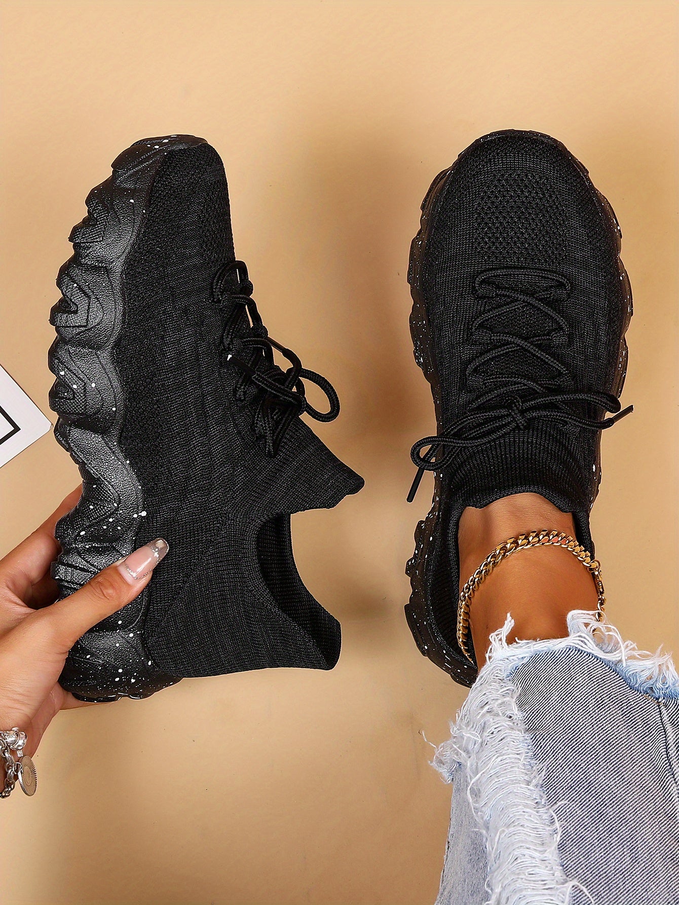 [Breathable Fabric Women's Socks Sneakers] Women's Breathable Fabric Socks Sneakers, Flying Woven Lace-Up Chunky Sneakers, Elastic Running Shoes