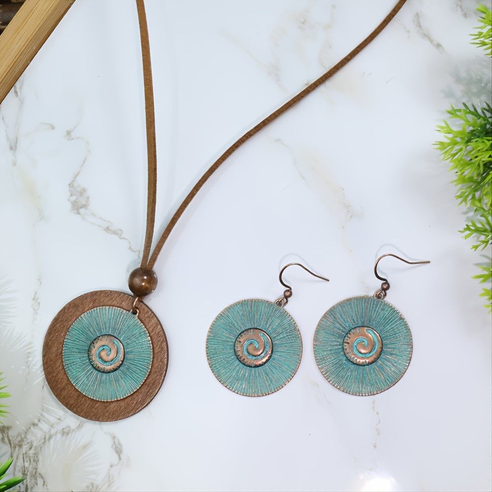 3 Pieces Vintage Wood Round Bronze Alloy Double Layer Pendant Geometric Totem Leather Beaded Rope Chain Earrings Necklace Set