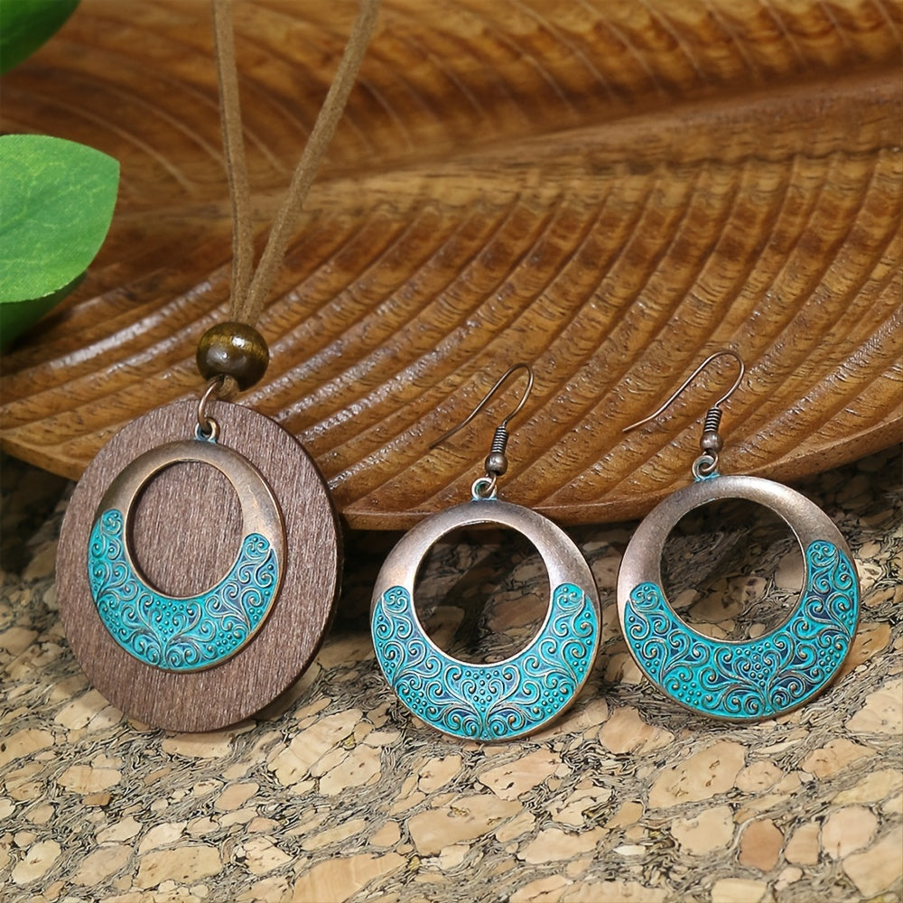 3pack Ancient Folk Wooden Round Plus Geometric Ancient Copper Layered Charm Earrings Necklace Set
