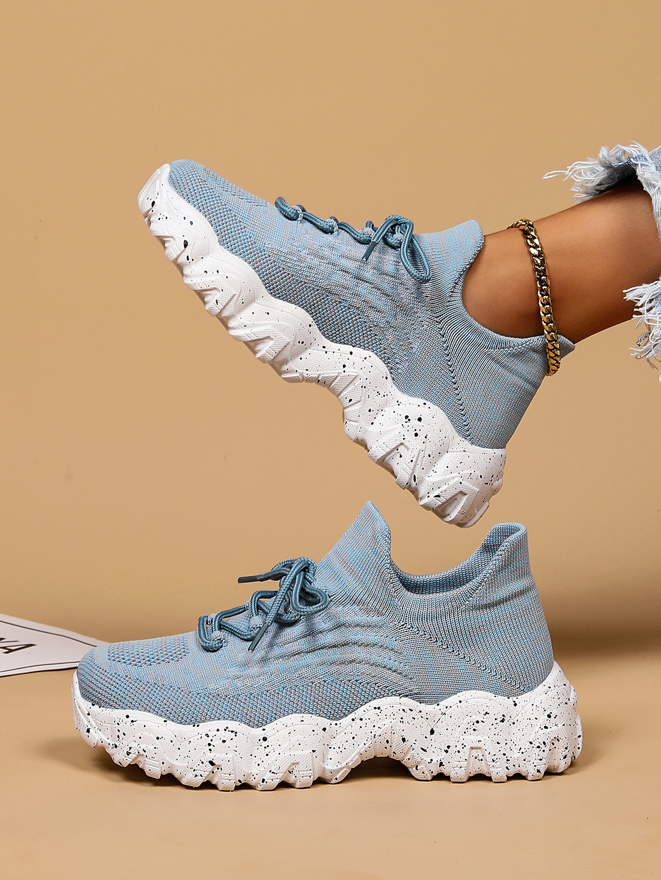 [Breathable Fabric Women's Socks Sneakers] Women's Breathable Fabric Socks Sneakers, Flying Woven Lace-Up Chunky Sneakers, Elastic Running Shoes