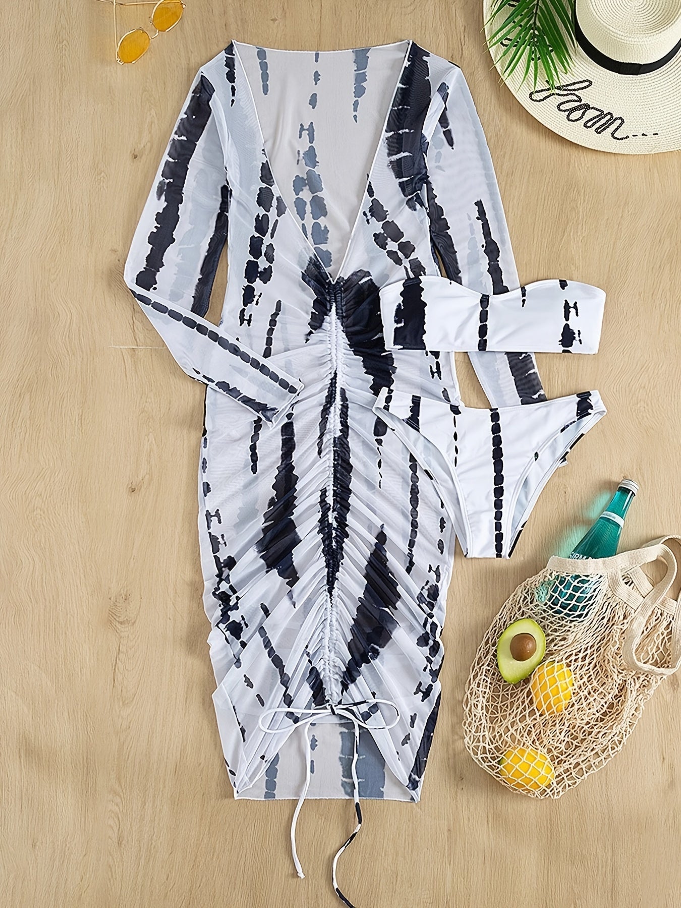 3-piece Tie Dye Bandeau Bikini Sets, Strapless Tube Top With Long Sleeve Open Up Top Long Cover Up Dress, Women's Swimwear & Clothing