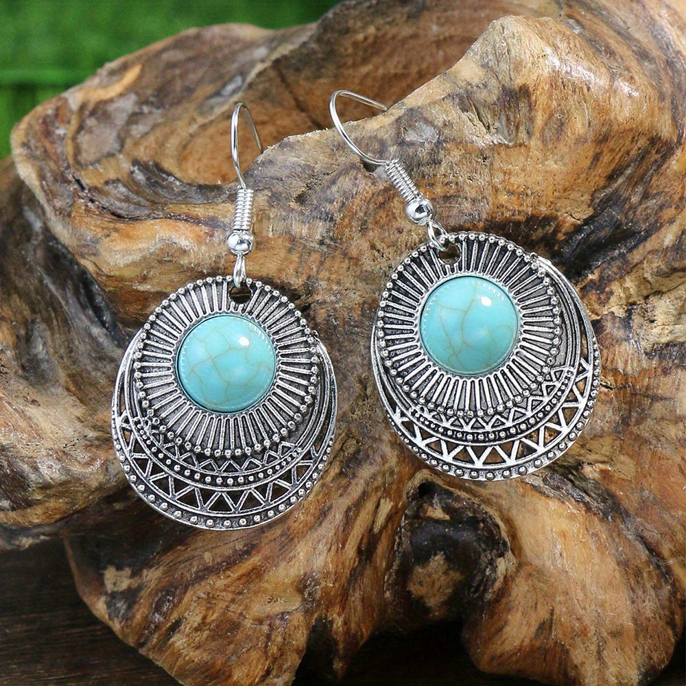 1 Pair Earrings/1 Pair Earrings+1pc Necklace, Retro Ethnic Style Women's Jewelry Set Round Antique Silvery Pendant Geometric Totem Inlaid With Simulated Green Rhinestones Embellished Earrings And Necklace Set