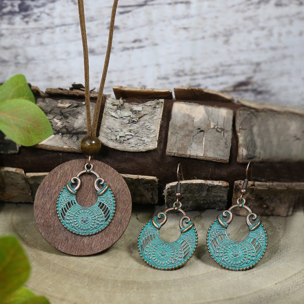 3pack Ancient Folk Wooden Round Plus Geometric Ancient Copper Layered Charm Earrings Necklace Set