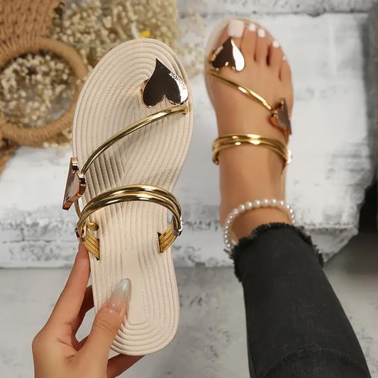 2025 Summer New Women'S Fashion Comfortable Elegant Beach Slippers- Solid Color Love Heart Embellishment, Easy to Put on, Flat Heel, Faux Cover Strap and Rubber Sole, Size 5-10.5, Outdoor Leisure Flat Sports Sandals