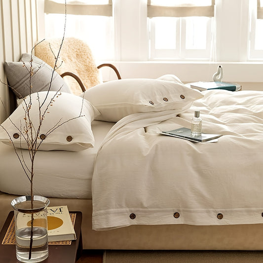 Soft and Durable Modern White Duvet Cover Set with Coconut Button Closure and Corner Strings for Queen/King Beds