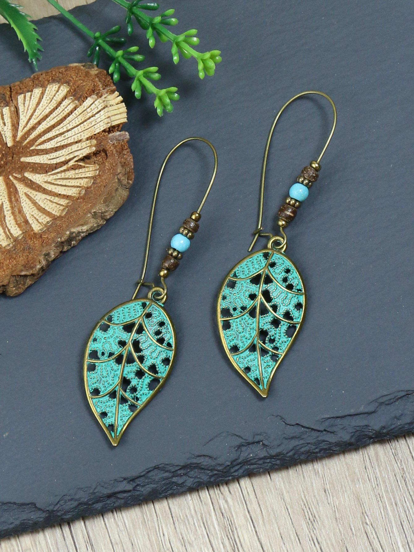 Retro Style Antique Bronze Smeared Blue Leaf Hollow Pendant Large Ear Hook Women's Earrings