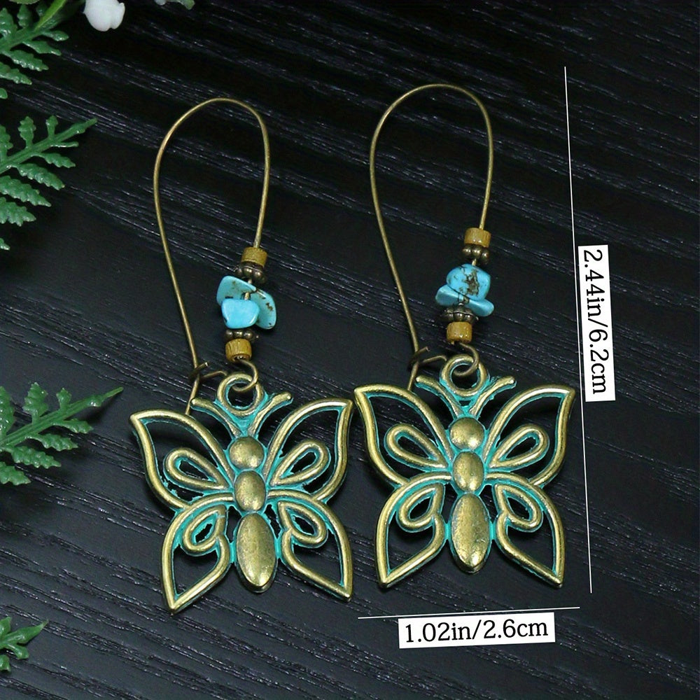 Retro Style Antique Bronze Smeared Blue Leaf Hollow Pendant Large Ear Hook Women's Earrings