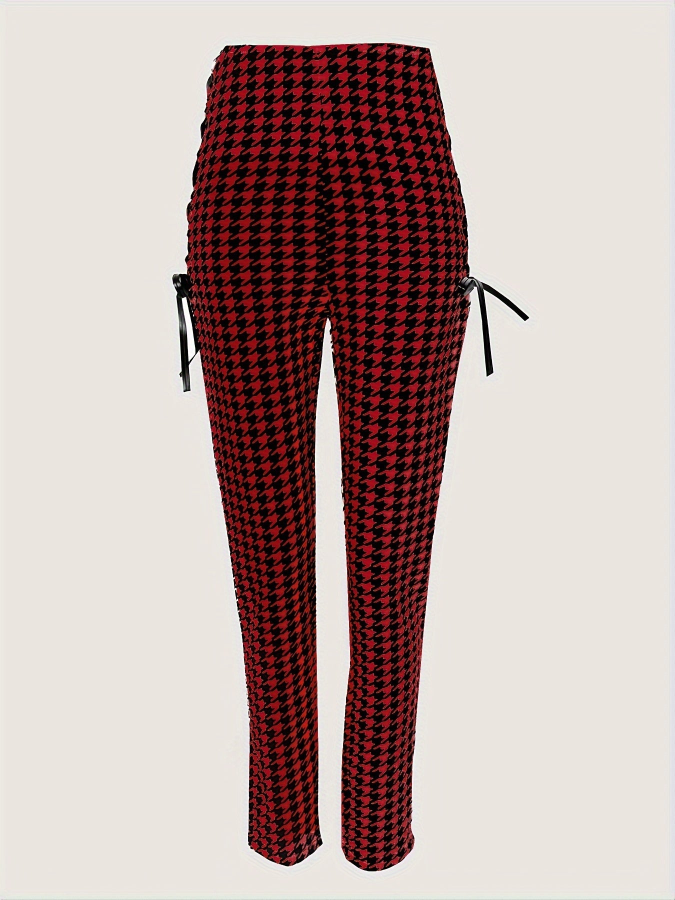 Houndstooth Skinny Leggings Pants, Side Lace Up High Waist Stretchy Pants, Casual Every Day Pants, Women's Clothing