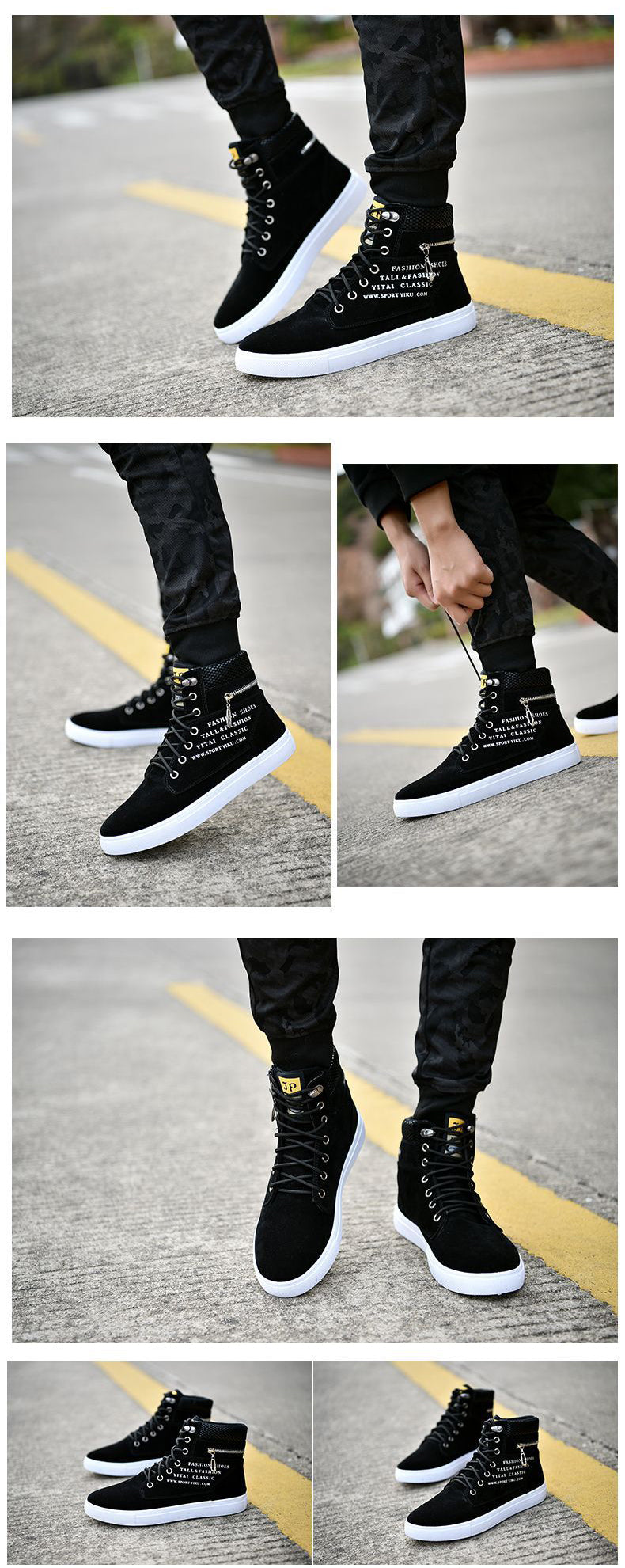 Mens British Style Canvas High-top Sneakers - Lace-up Closure, Casual All-Match, Trendy Design with Decorative Zippers