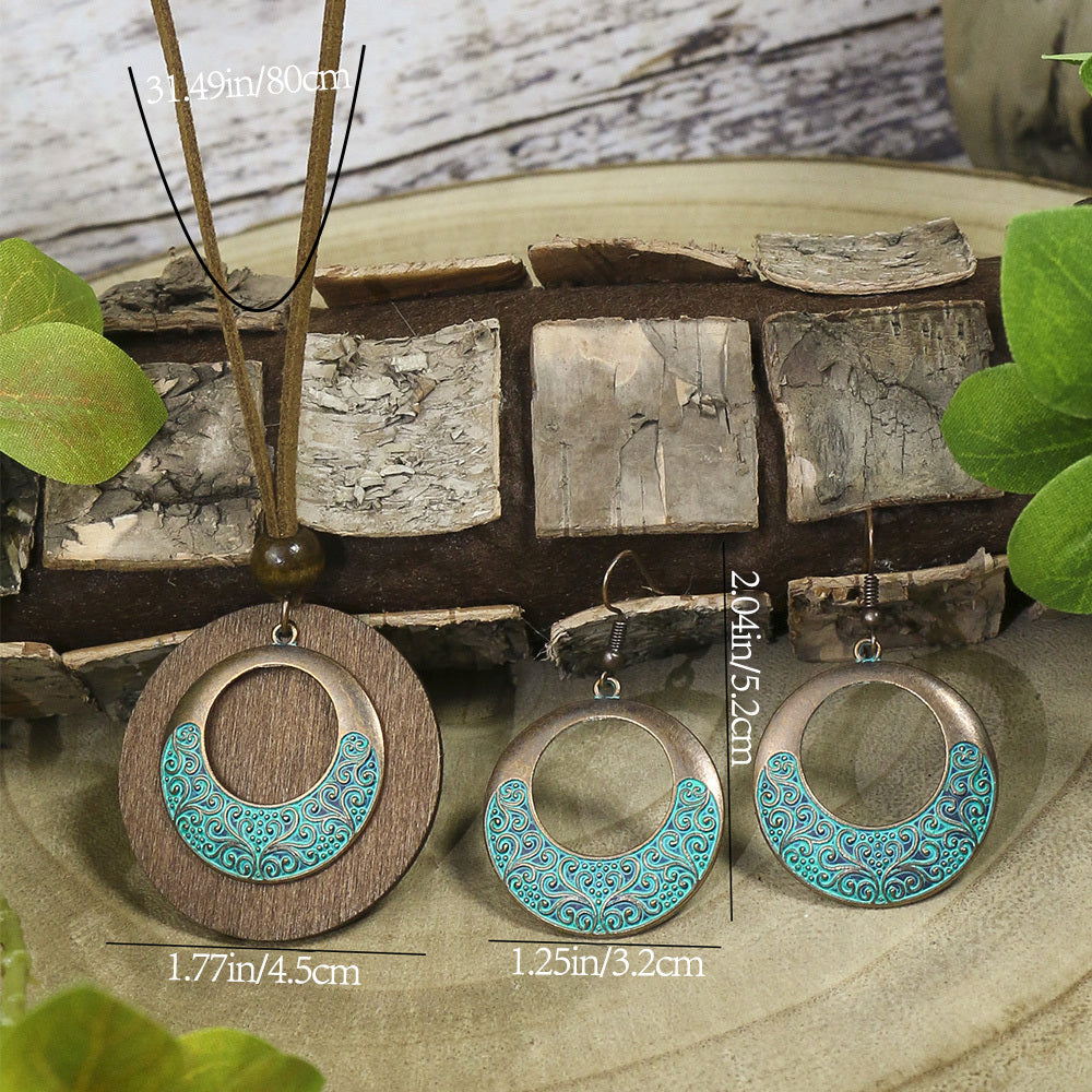 3pack Ancient Folk Wooden Round Plus Geometric Ancient Copper Layered Charm Earrings Necklace Set
