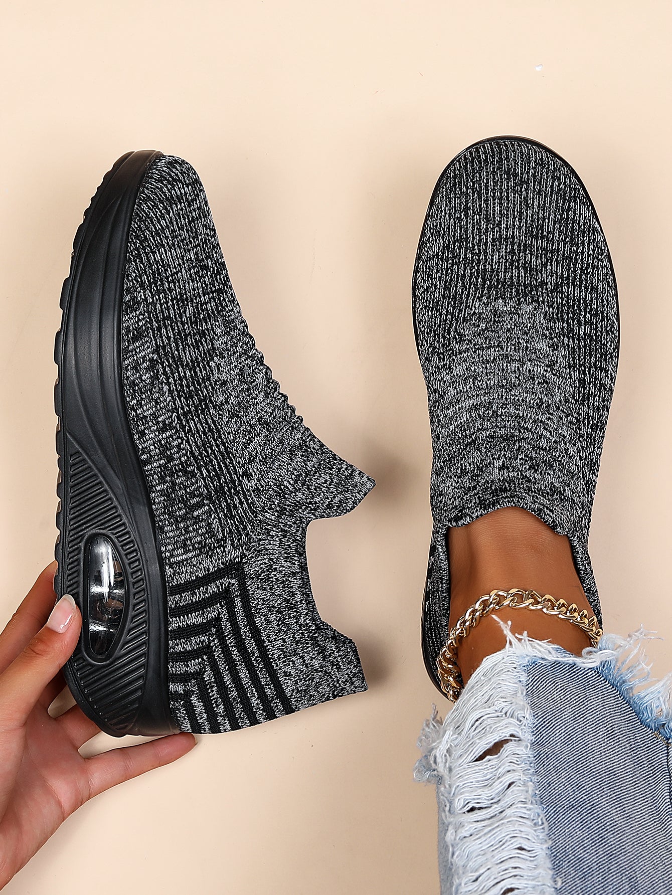 Women's Air Cushion Sneakers, Breathable Round Closed Toe Low Top Slip On Shoes, Women's Casual Knitted Shoes