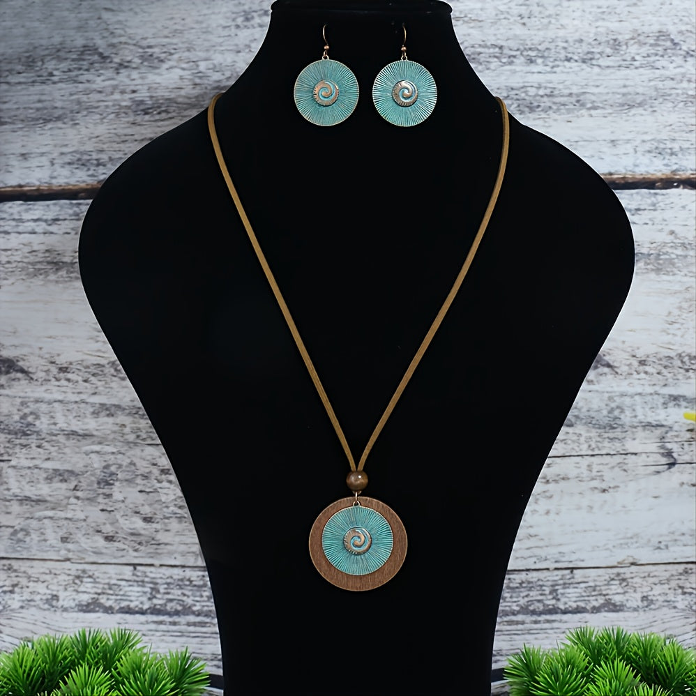 3 Pieces Vintage Wood Round Bronze Alloy Double Layer Pendant Geometric Totem Leather Beaded Rope Chain Earrings Necklace Set
