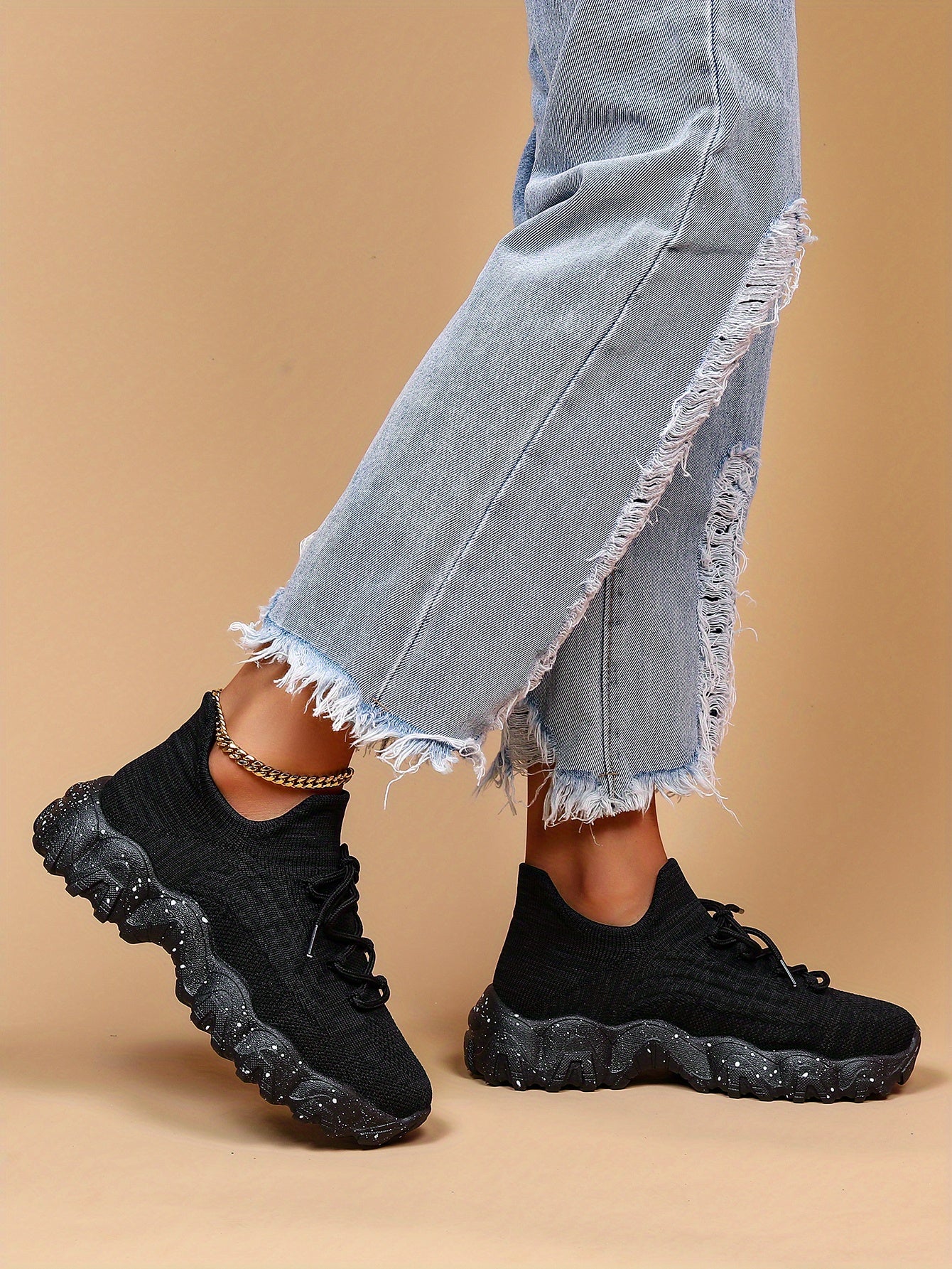 [Breathable Fabric Women's Socks Sneakers] Women's Breathable Fabric Socks Sneakers, Flying Woven Lace-Up Chunky Sneakers, Elastic Running Shoes