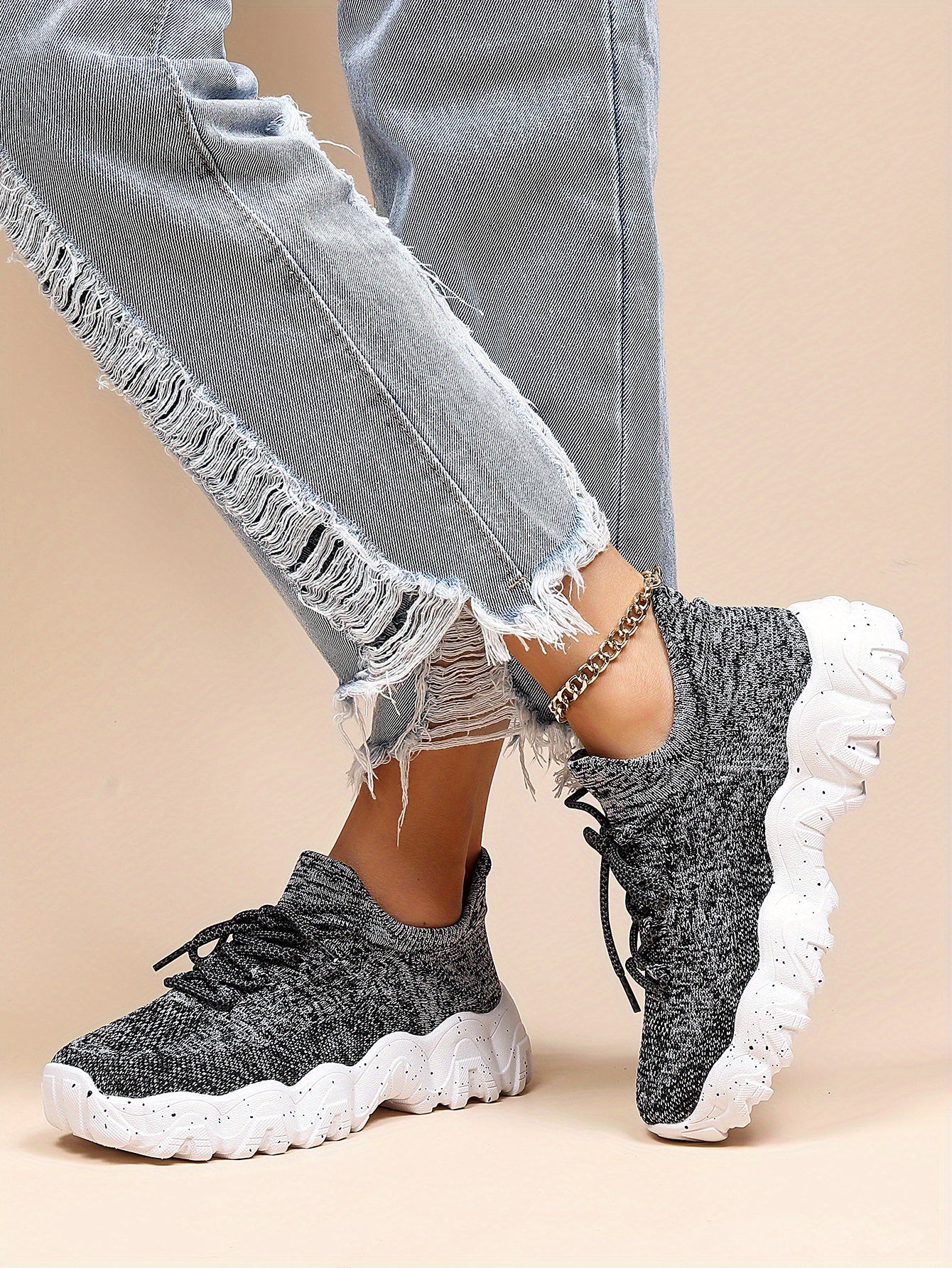[Breathable Fabric Women's Socks Sneakers] Women's Breathable Fabric Socks Sneakers, Flying Woven Lace-Up Chunky Sneakers, Elastic Running Shoes