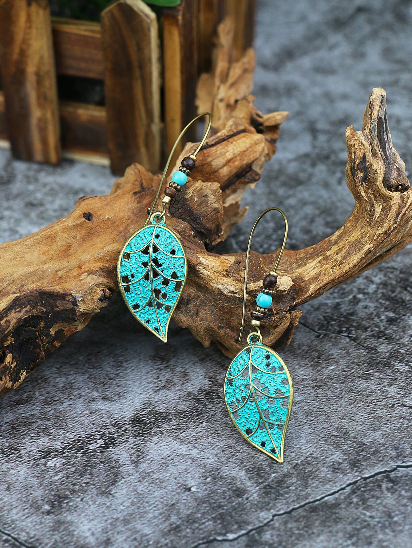 Retro Style Antique Bronze Smeared Blue Leaf Hollow Pendant Large Ear Hook Women's Earrings