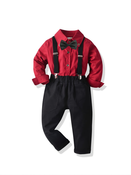 Toddler Boy's Gentleman Outfit 2pcs, Bowtie Decor Shirt & Overalls Set, Kid's Clothes For Speech Performance Birthday Party, Daily & Outdoor Wear