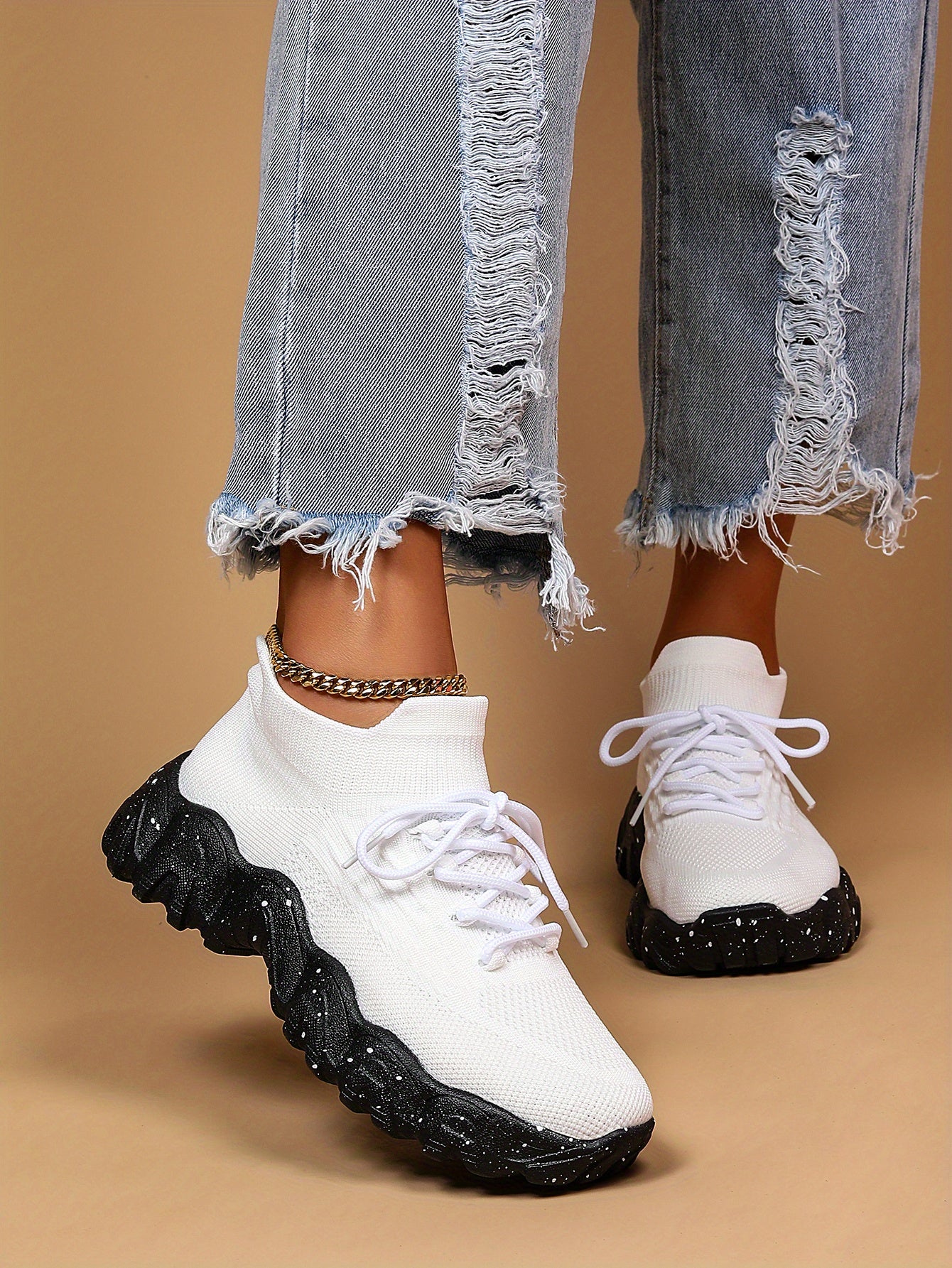 [Breathable Fabric Women's Socks Sneakers] Women's Breathable Fabric Socks Sneakers, Flying Woven Lace-Up Chunky Sneakers, Elastic Running Shoes