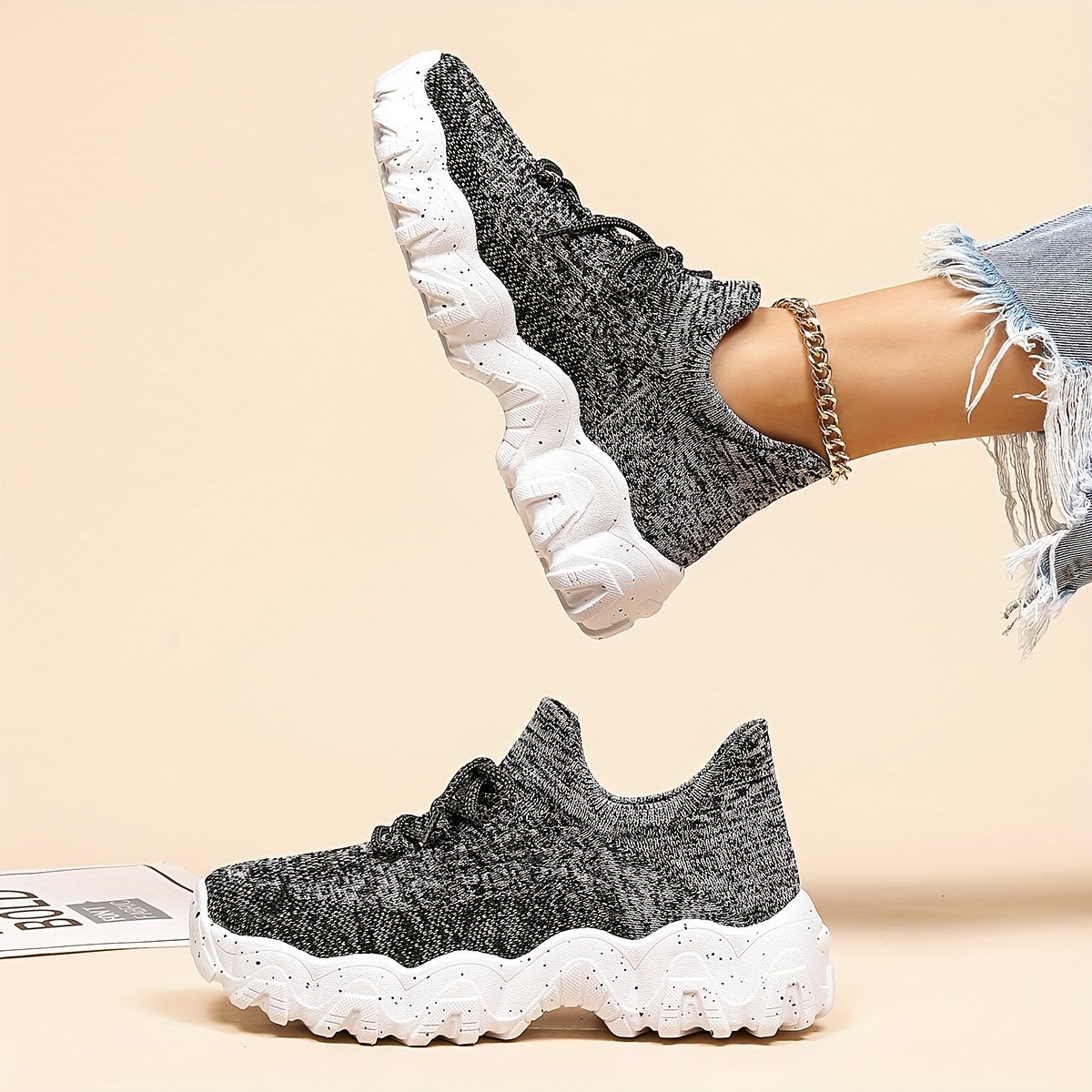 [Breathable Fabric Women's Socks Sneakers] Women's Breathable Fabric Socks Sneakers, Flying Woven Lace-Up Chunky Sneakers, Elastic Running Shoes