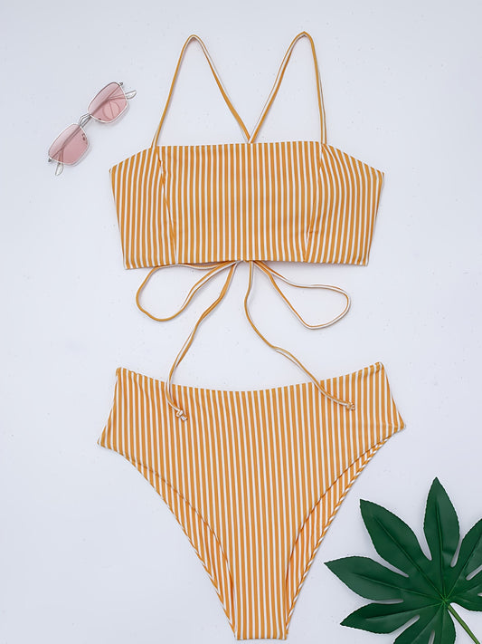 Two Piece High Cut Yellow & White Striped High Waist Bikini Swimsuit - Off the Shoulder, Cross Strap, High Stretch, Random Print - Polyester and Spandex Blend, Sleeveless, Conventional Bottom, Perfect for Swimming