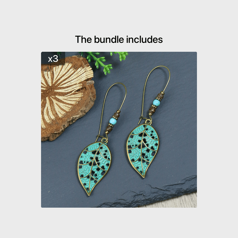 Retro Style Antique Bronze Smeared Blue Leaf Hollow Pendant Large Ear Hook Women's Earrings