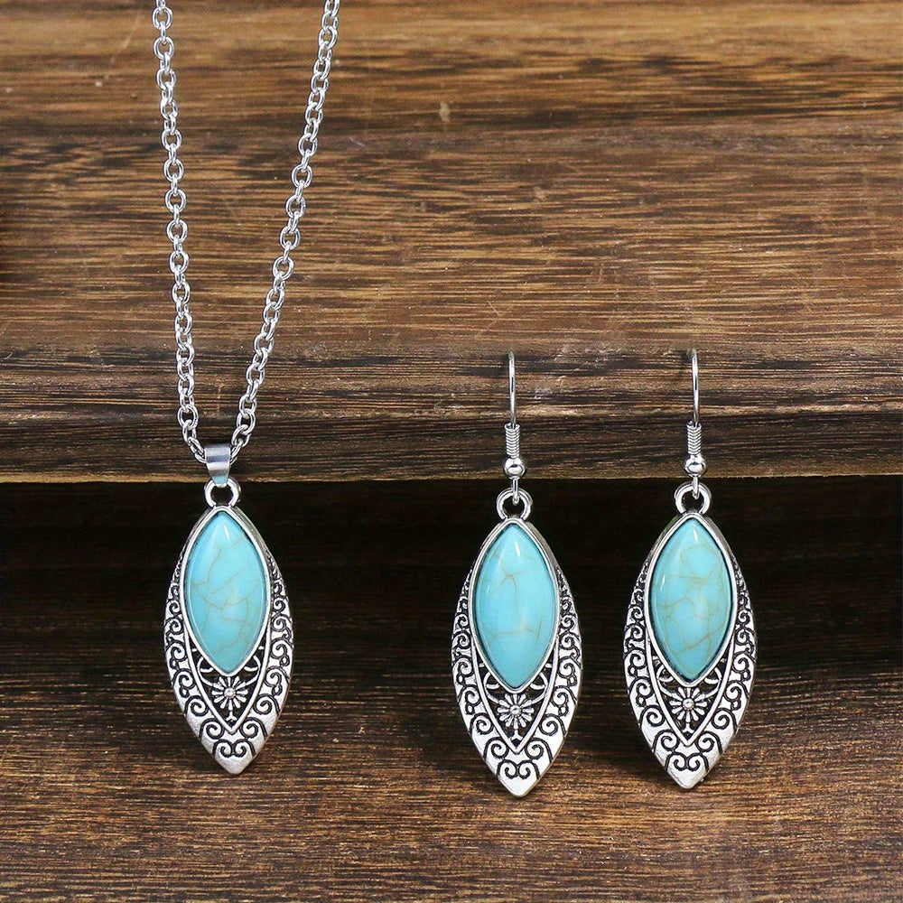 1 Pair Earrings/1 Pair Earrings+1pc Necklace, Retro Ethnic Style Women's Jewelry Set Round Antique Silvery Pendant Geometric Totem Inlaid With Simulated Green Rhinestones Embellished Earrings And Necklace Set