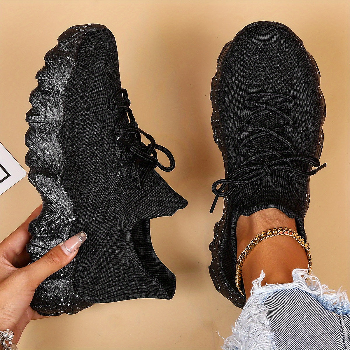[Breathable Fabric Women's Socks Sneakers] Women's Breathable Fabric Socks Sneakers, Flying Woven Lace-Up Chunky Sneakers, Elastic Running Shoes
