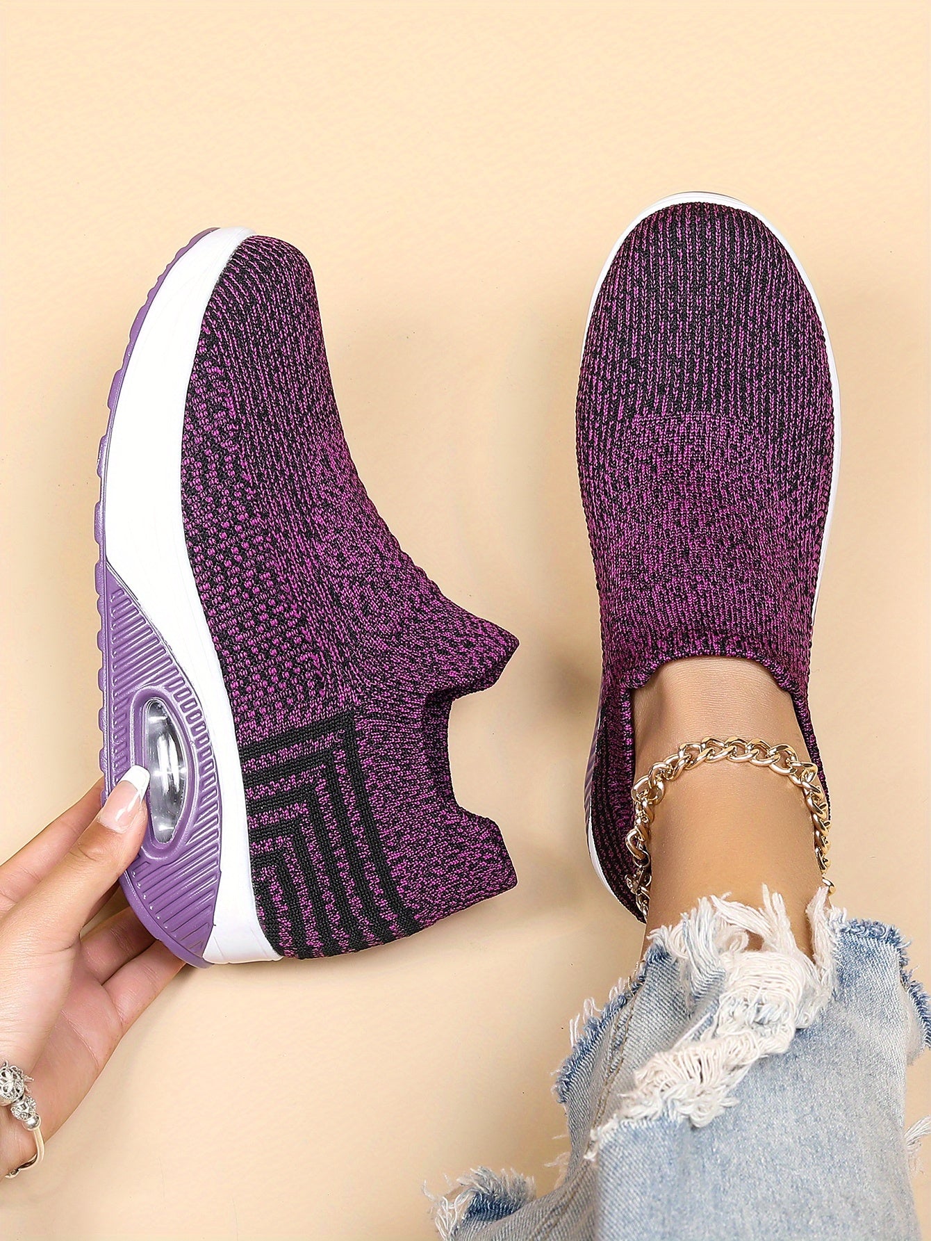 Women's Air Cushion Sneakers, Breathable Round Closed Toe Low Top Slip On Shoes, Women's Casual Knitted Shoes