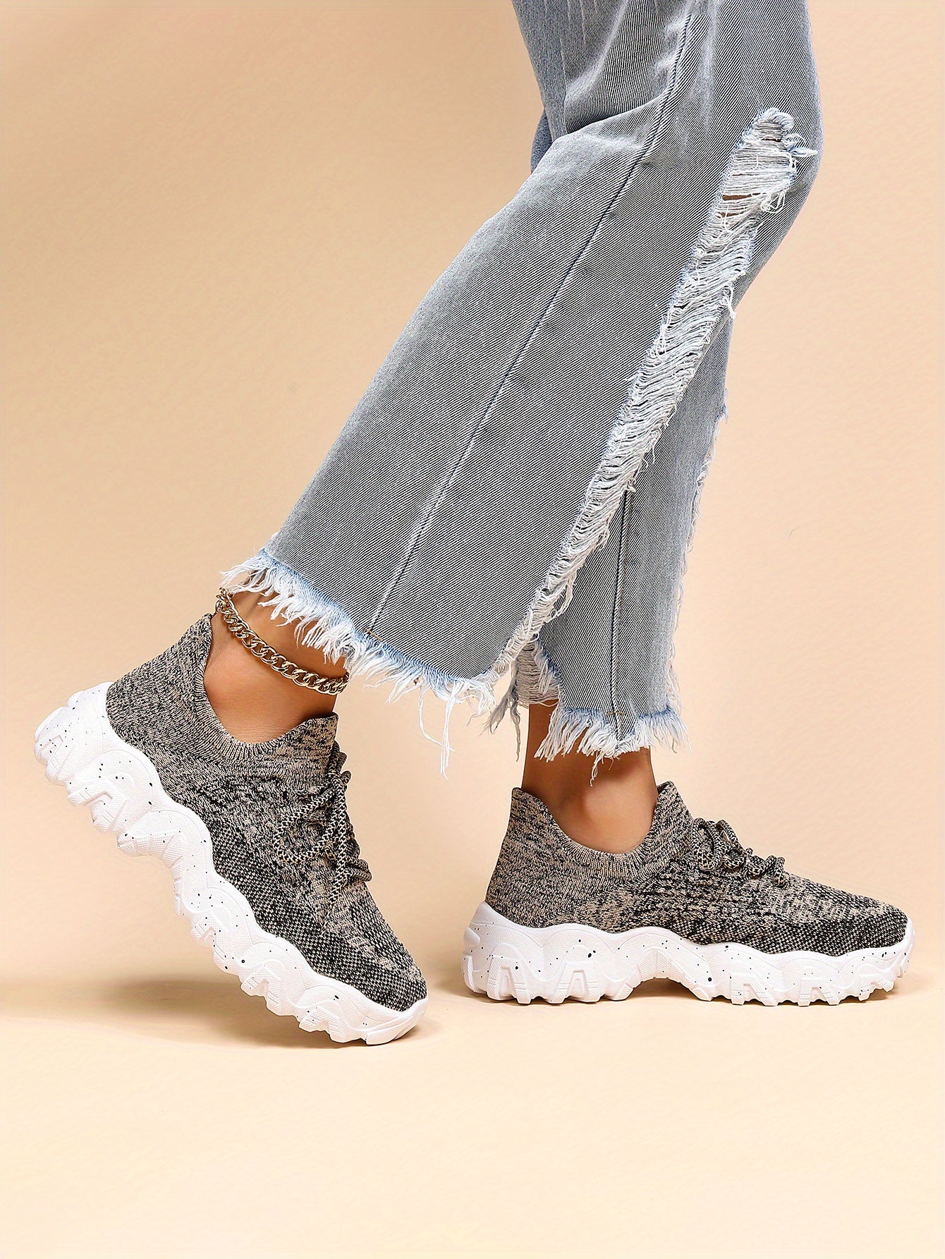 [Breathable Fabric Women's Socks Sneakers] Women's Breathable Fabric Socks Sneakers, Flying Woven Lace-Up Chunky Sneakers, Elastic Running Shoes