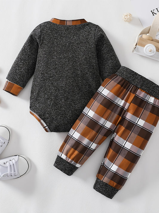 Newborn Infant Romper Long Sleeve Round Neck Bodysuit & Plaid Pants For Baby Boys Kids outdoor clothes