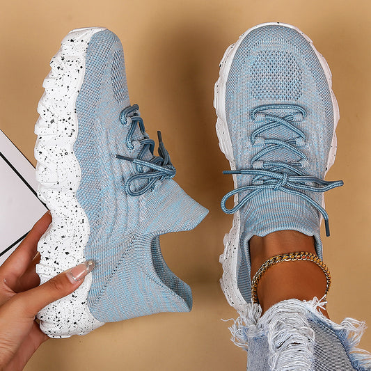 [Breathable Fabric Women's Socks Sneakers] Women's Breathable Fabric Socks Sneakers, Flying Woven Lace-Up Chunky Sneakers, Elastic Running Shoes