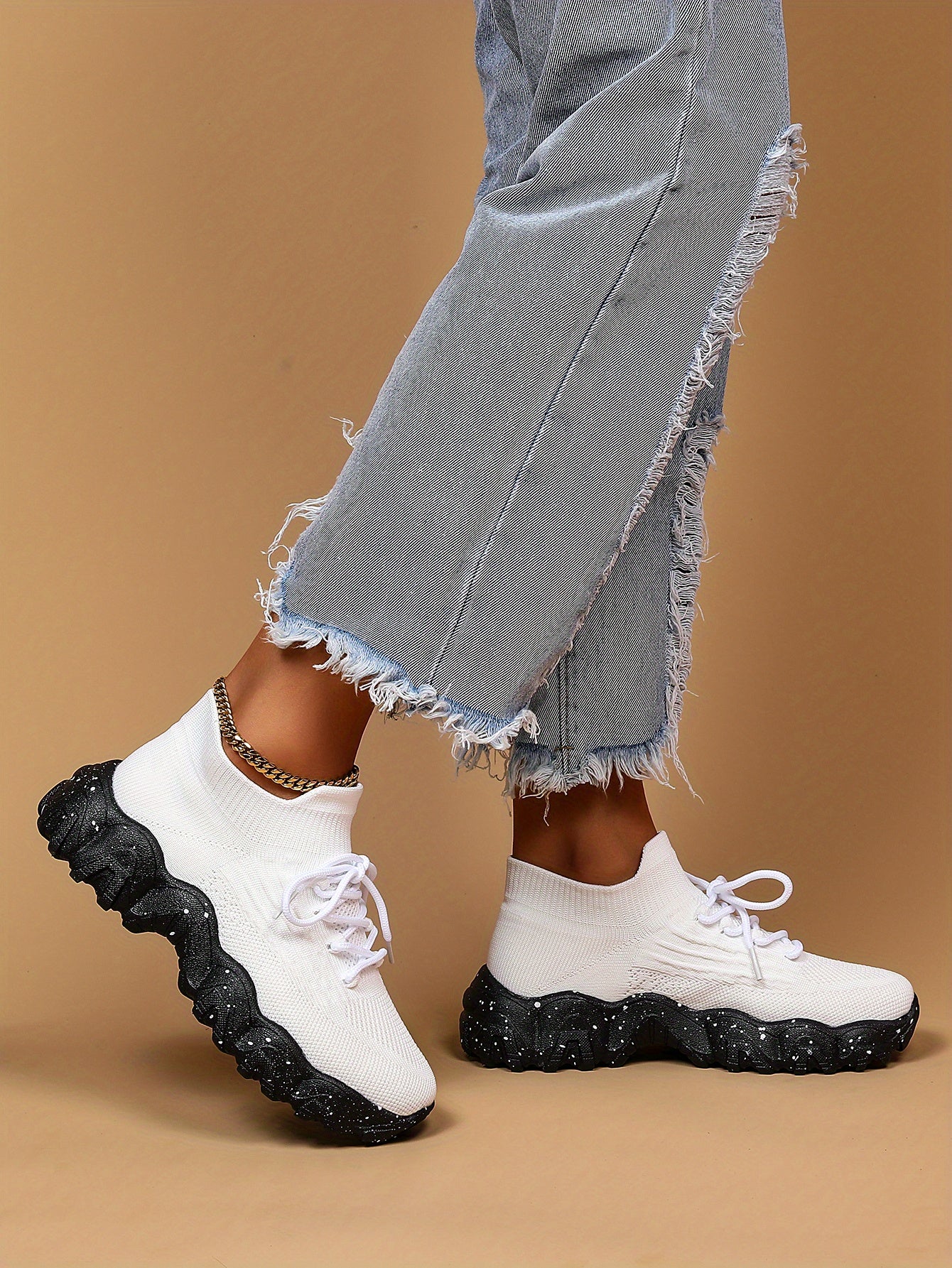 [Breathable Fabric Women's Socks Sneakers] Women's Breathable Fabric Socks Sneakers, Flying Woven Lace-Up Chunky Sneakers, Elastic Running Shoes