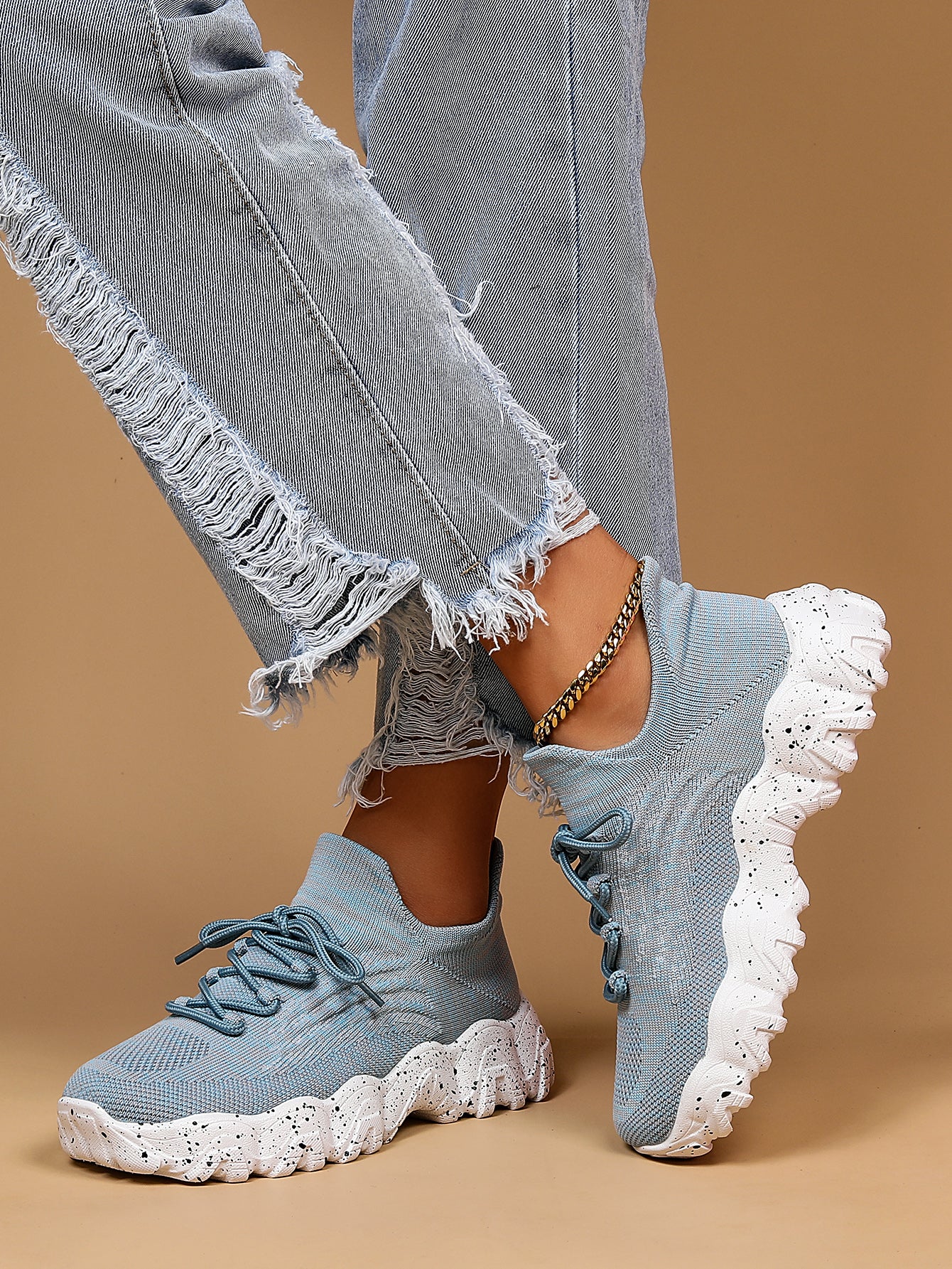 [Breathable Fabric Women's Socks Sneakers] Women's Breathable Fabric Socks Sneakers, Flying Woven Lace-Up Chunky Sneakers, Elastic Running Shoes