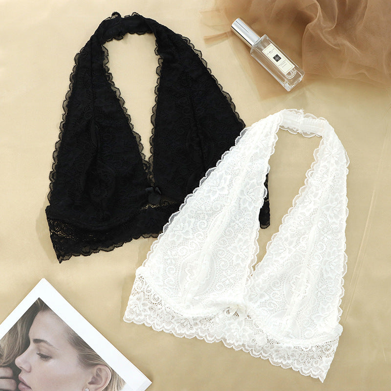 Floral Lace Halter Bralette For Women, Wireless Bra Lingerie With Removable Padded Halter Crop Top