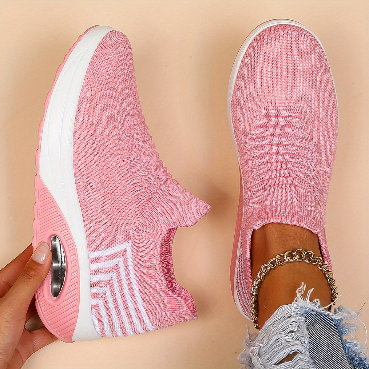 Women's Air Cushion Sneakers, Breathable Round Closed Toe Low Top Slip On Shoes, Women's Casual Knitted Shoes
