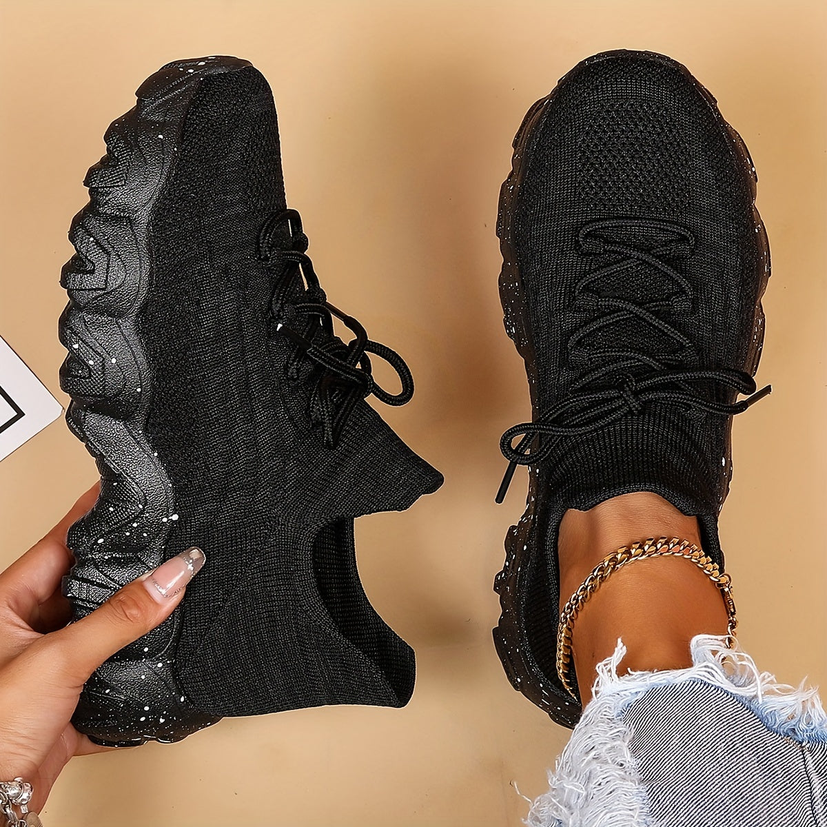 [Breathable Fabric Women's Socks Sneakers] Women's Breathable Fabric Socks Sneakers, Flying Woven Lace-Up Chunky Sneakers, Elastic Running Shoes