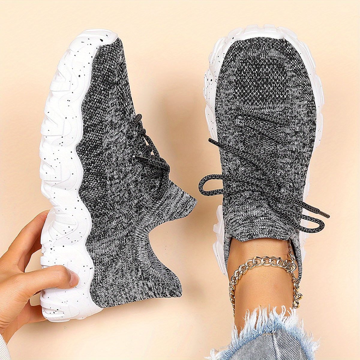 [Breathable Fabric Women's Socks Sneakers] Women's Breathable Fabric Socks Sneakers, Flying Woven Lace-Up Chunky Sneakers, Elastic Running Shoes