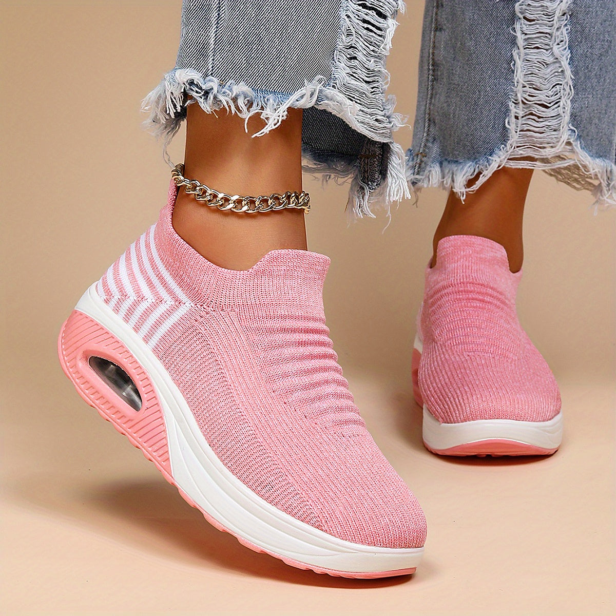 Women's Air Cushion Sneakers, Breathable Round Closed Toe Low Top Slip On Shoes, Women's Casual Knitted Shoes