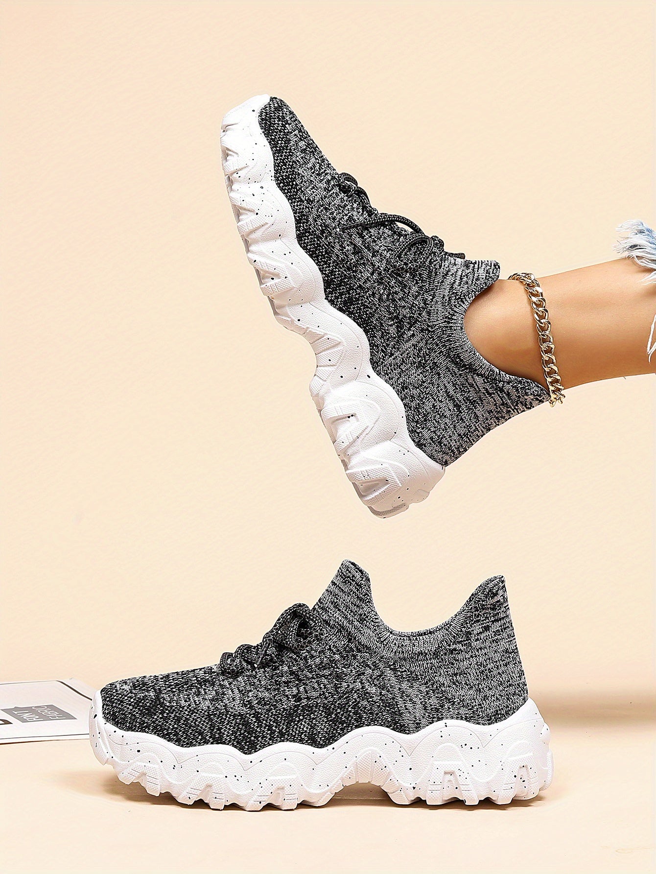 [Breathable Fabric Women's Socks Sneakers] Women's Breathable Fabric Socks Sneakers, Flying Woven Lace-Up Chunky Sneakers, Elastic Running Shoes