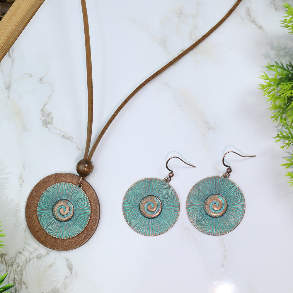 3 Pieces Vintage Wood Round Bronze Alloy Double Layer Pendant Geometric Totem Leather Beaded Rope Chain Earrings Necklace Set
