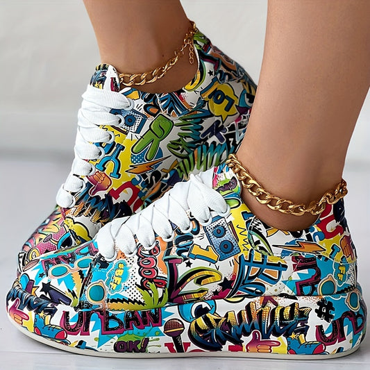 Women's Lace-Up Low-Top Sneakers - Thick Platform Sole for Stability & Height - Non-Slip MD Outsole - Bold Black/Red/White Graffiti Print - Synthetic Leather Upper - Skateboarding, Streetwear, Everyday Shoes - All-Season Wome