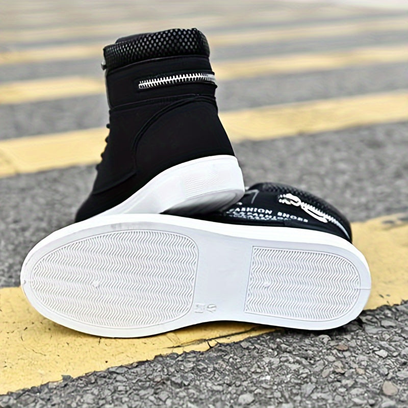 Mens British Style Canvas High-top Sneakers - Lace-up Closure, Casual All-Match, Trendy Design with Decorative Zippers
