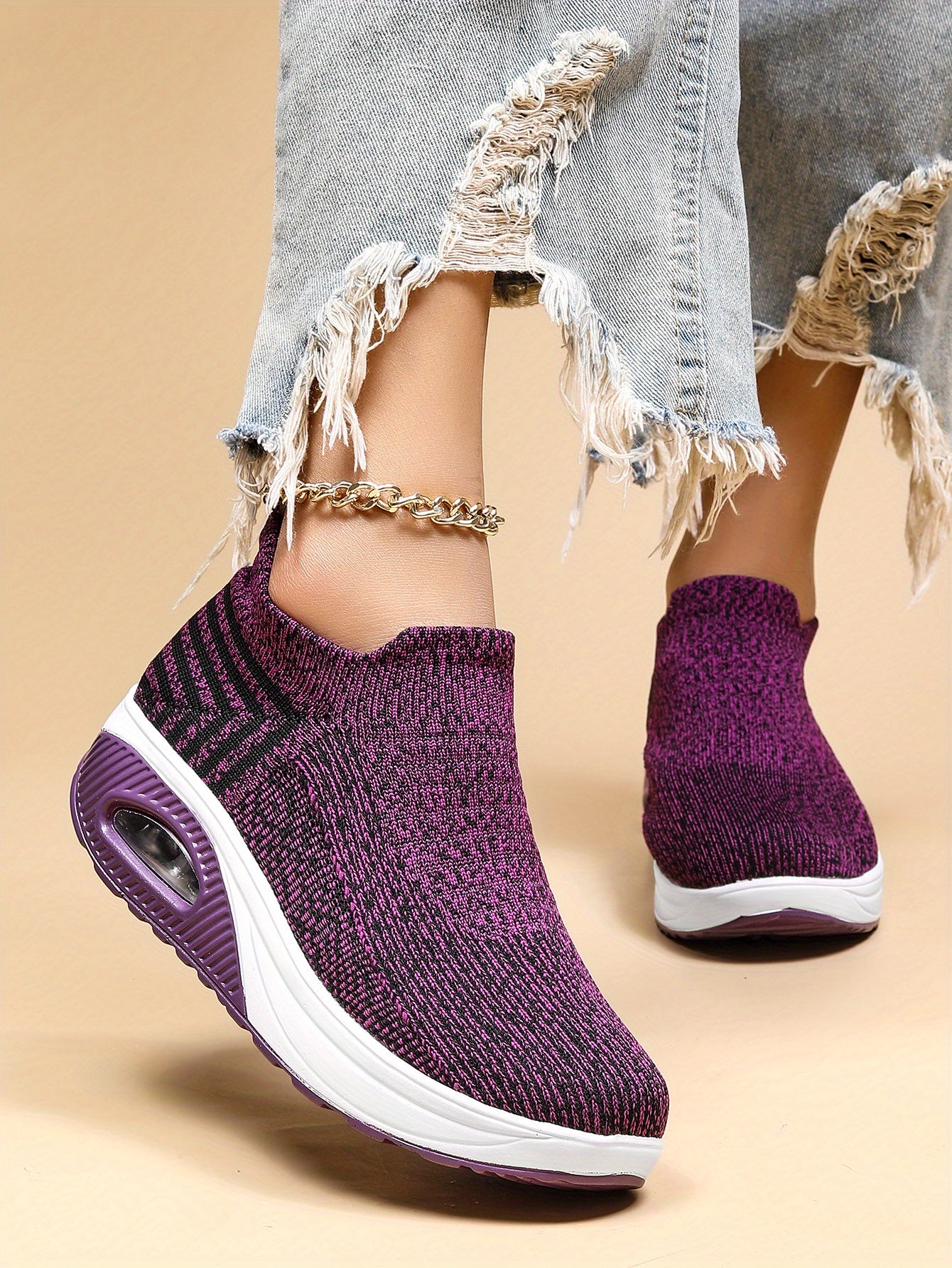 Women's Air Cushion Sneakers, Breathable Round Closed Toe Low Top Slip On Shoes, Women's Casual Knitted Shoes
