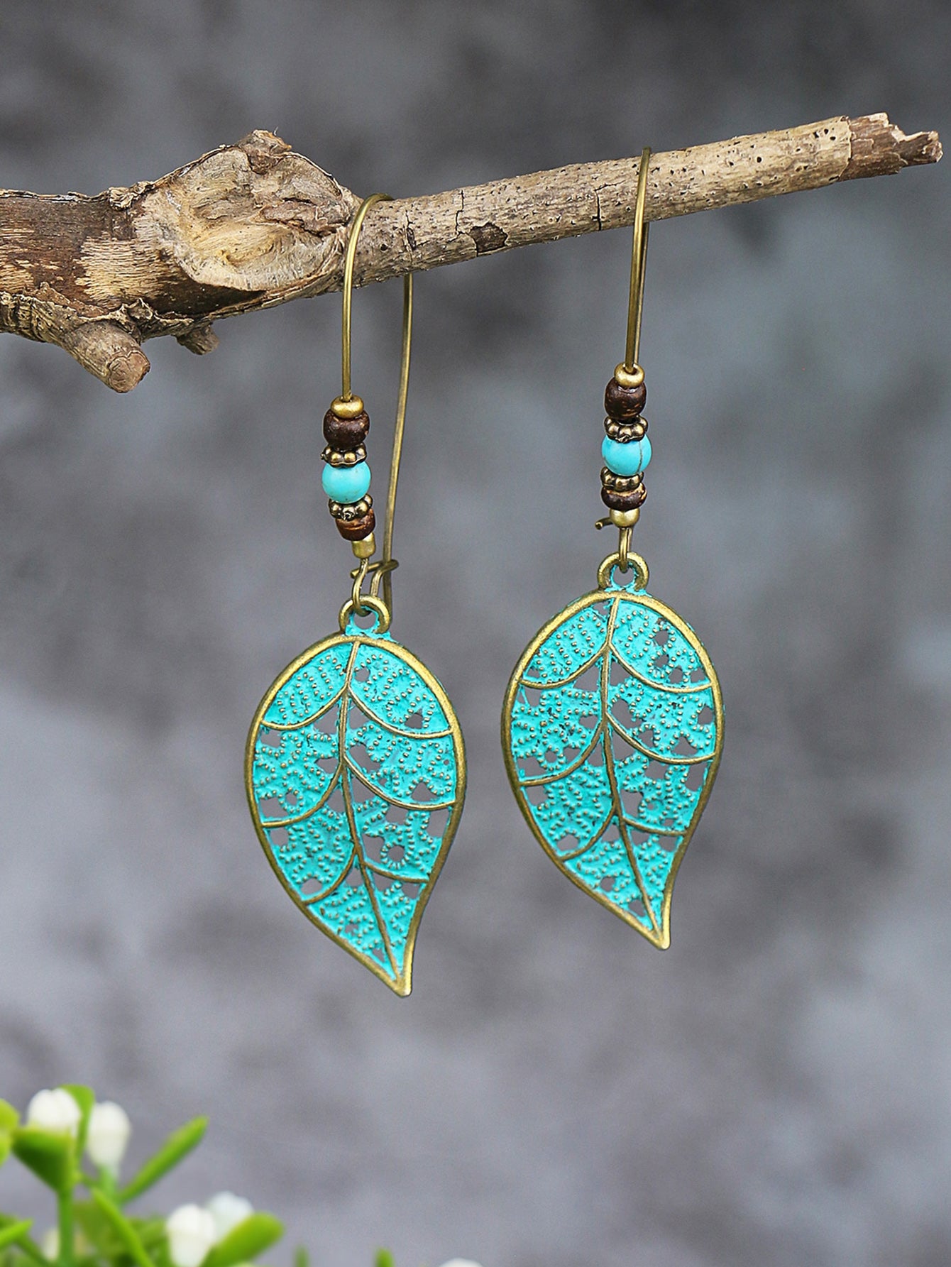 Retro Style Antique Bronze Smeared Blue Leaf Hollow Pendant Large Ear Hook Women's Earrings