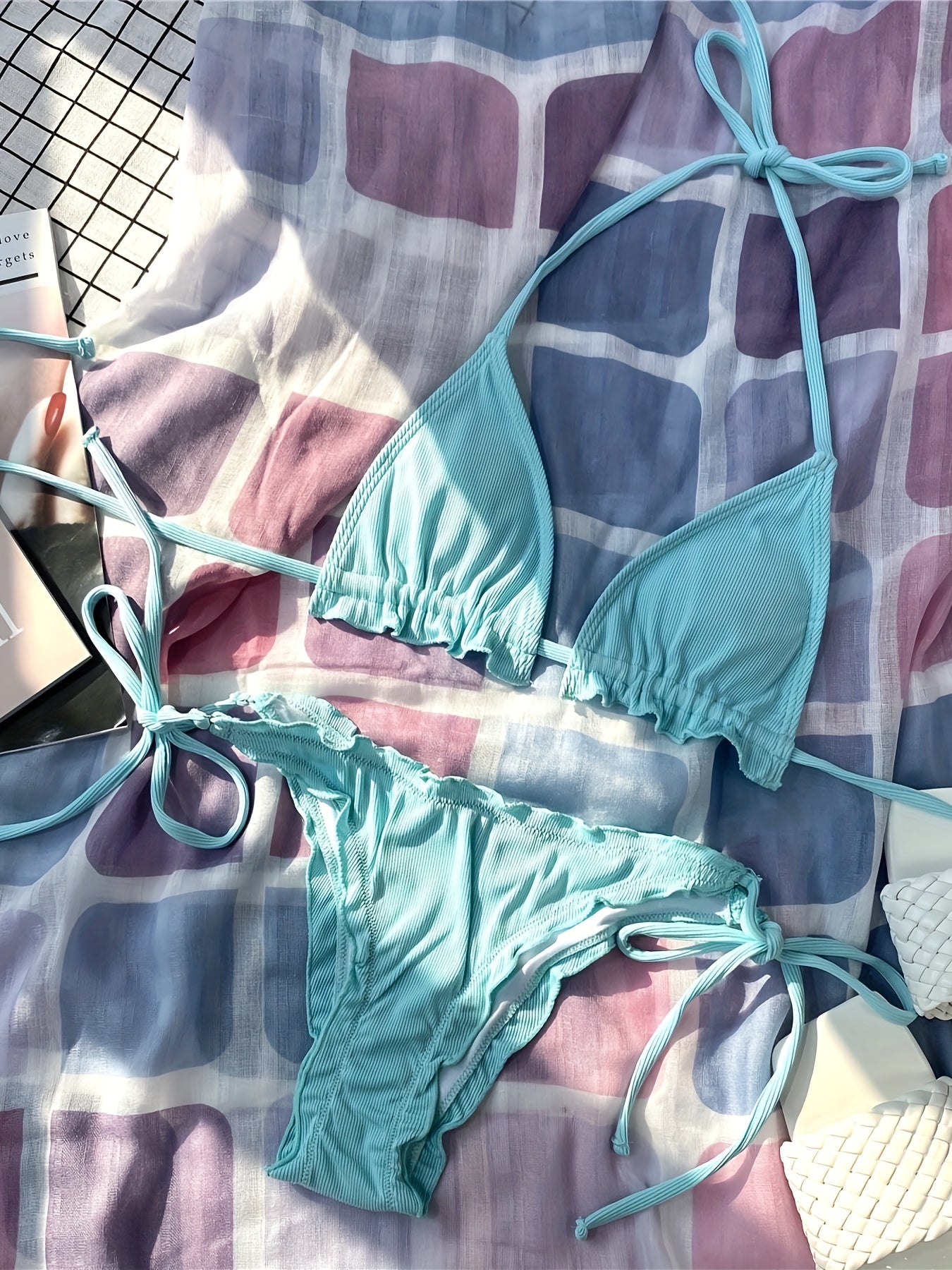 Two Piece High Cut Triangle Halter Neck Lace Up Bikini Sets - Sleek Medium Stretch Polyester Swimsuit with Spandex - Solid Color, Sleeveless, No Belt, Thong Bottom, Knit Fabric, Perfect for Swimming