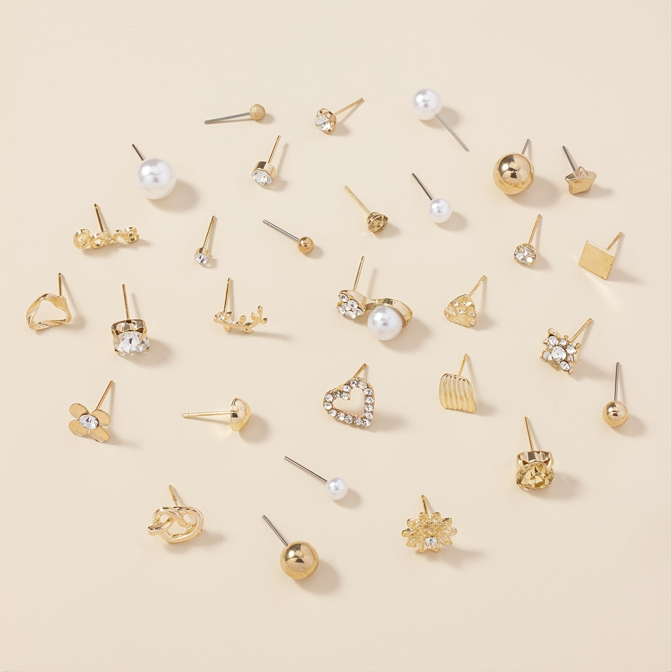 30 Pairs Alloy Full Rhinestones Love Round Faux Pearl Letter Stud Earrings Set