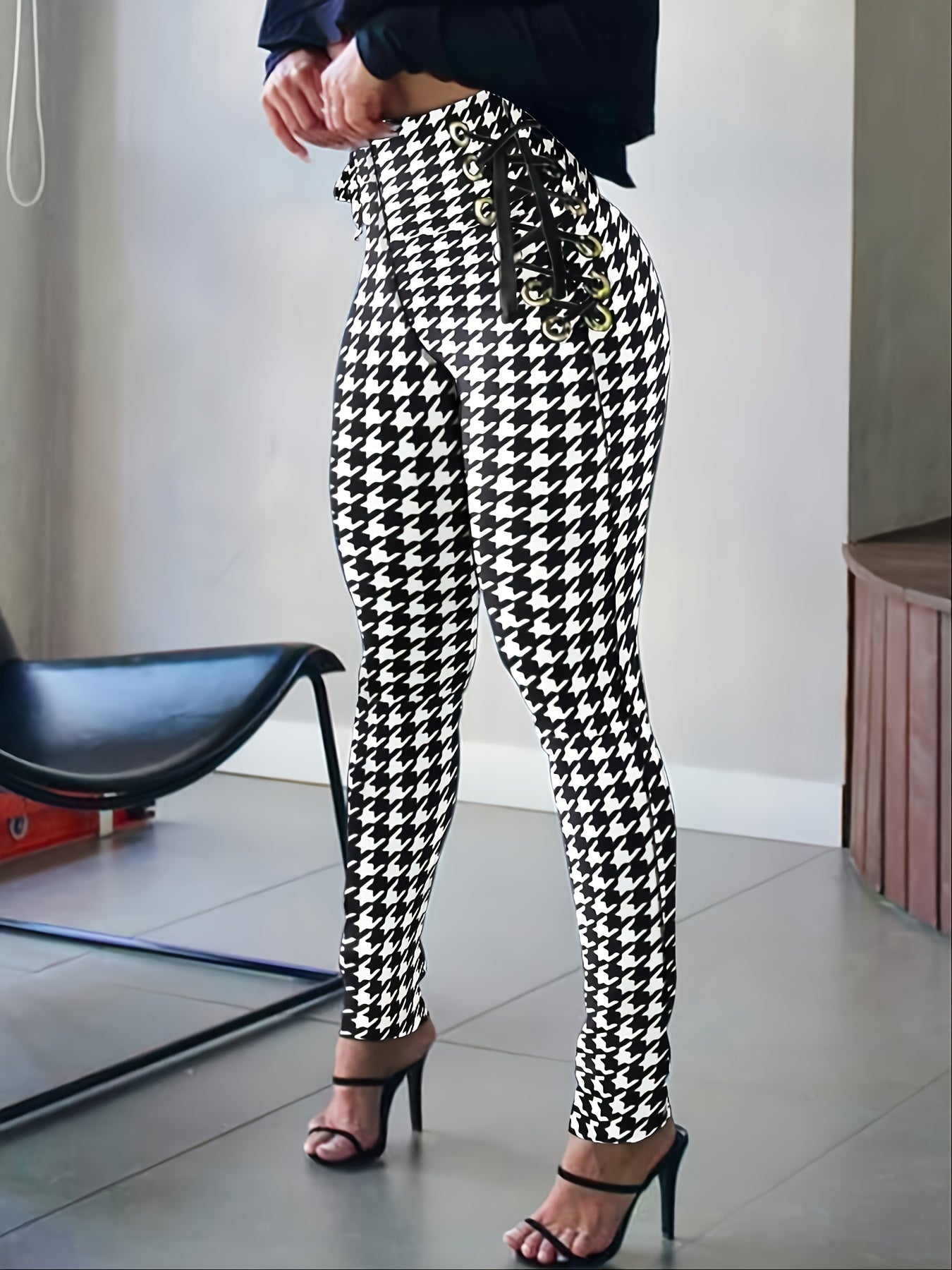Houndstooth Skinny Leggings Pants, Side Lace Up High Waist Stretchy Pants, Casual Every Day Pants, Women's Clothing