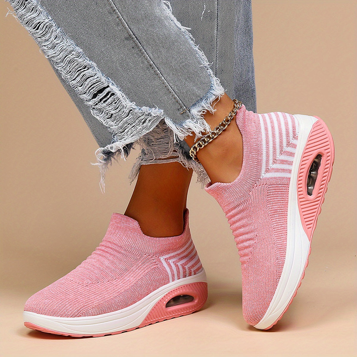 Women's Air Cushion Sneakers, Breathable Round Closed Toe Low Top Slip On Shoes, Women's Casual Knitted Shoes